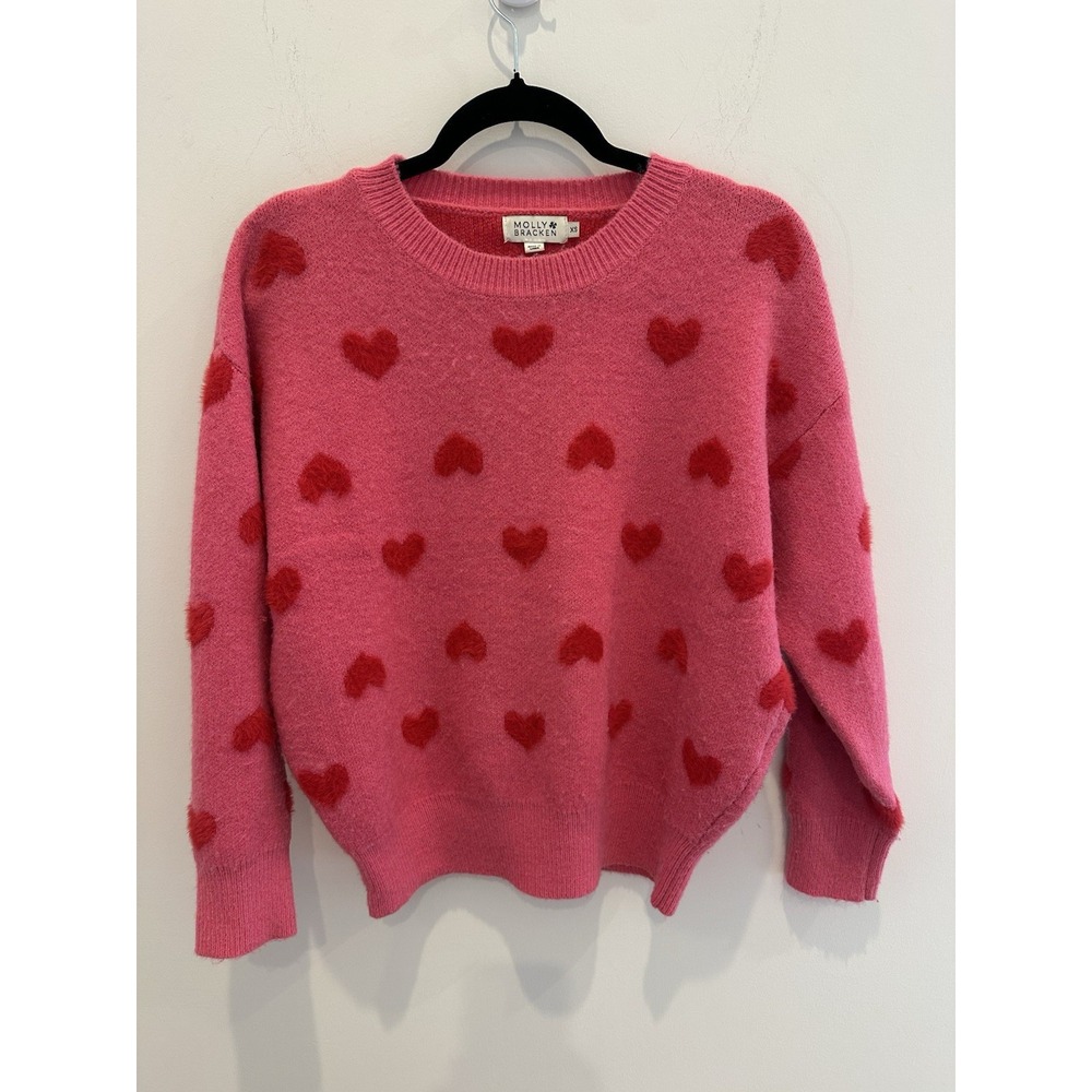 Molly Brackens Women's Pink Pullover Knit Sweater With Hearts Size XS
